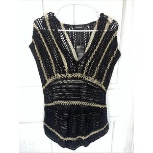 Bebe Black Mesh Gold Stripes Dress Robe Superp Filet Beach Cover-Up-New‎